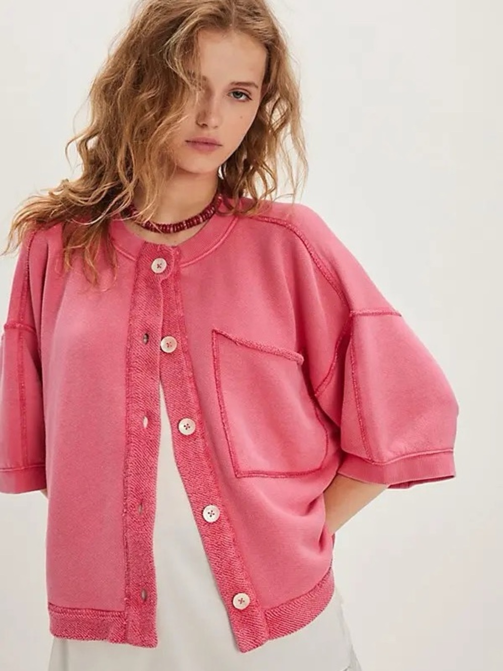 Free People Matilda Women's Pink Short-Sleeve Sweater Front Button Sz. M NWOT